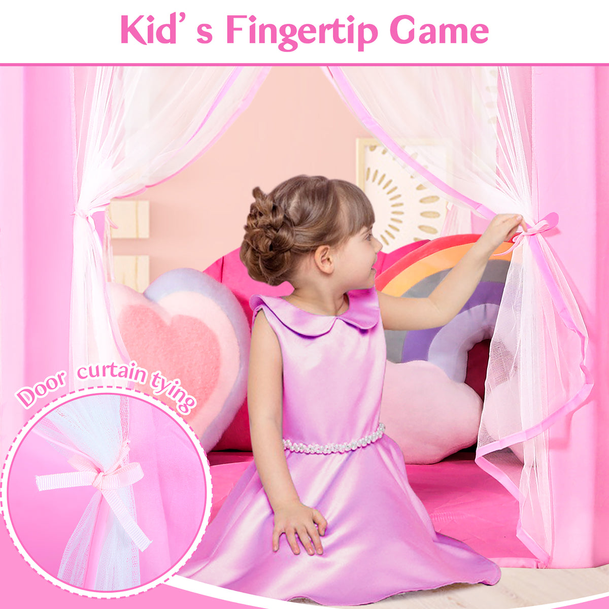 Pink Hexagonal Princess Castle Play Tent with LED Star Lights, Large Fabric Playhouse for Girls, Indoor & Outdoor Kids Play Tent