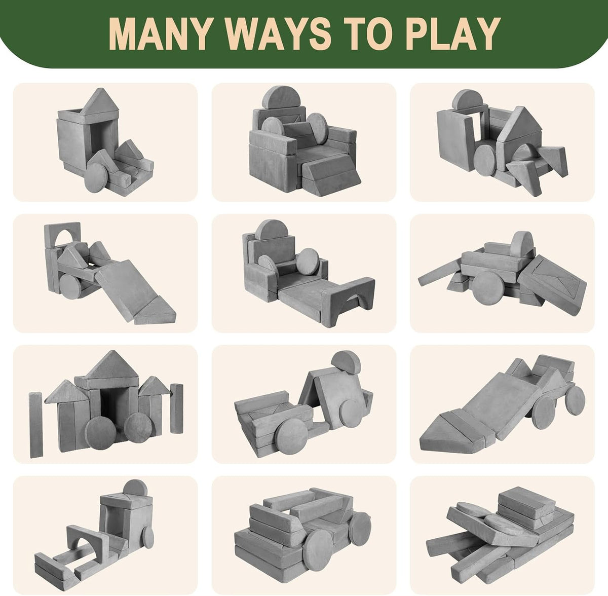 Kids Play Couch 15PCS, Modular Foam Sofa, Convertible Kids Play Set