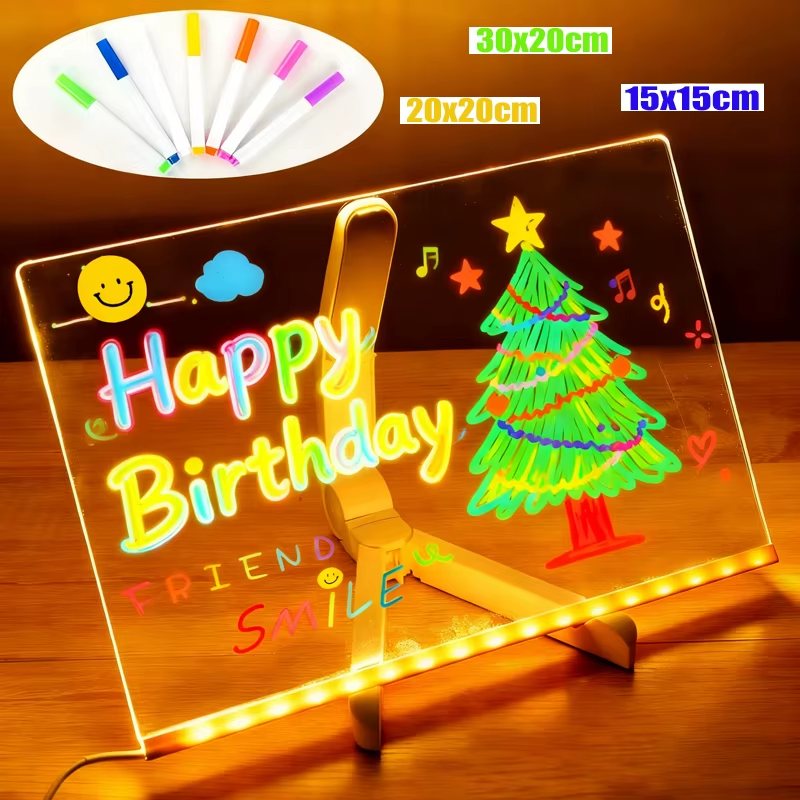 Luminous Acrylic Drawing Magic Board Kids DIY Transparent Painting Board LED Note Board with Stand & 7 Colors Pens for Kids Toy