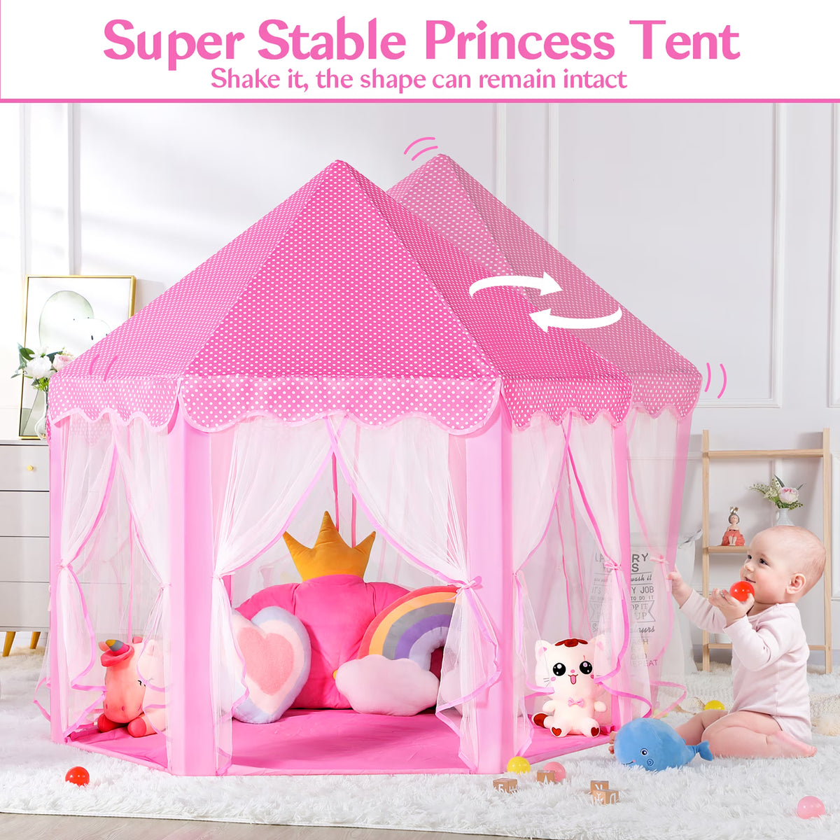 Pink Hexagonal Princess Castle Play Tent with LED Star Lights, Large Fabric Playhouse for Girls, Indoor & Outdoor Kids Play Tent