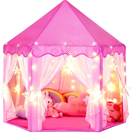 Pink Hexagonal Princess Castle Play Tent with LED Star Lights, Large Fabric Playhouse for Girls, Indoor & Outdoor Kids Play Tent