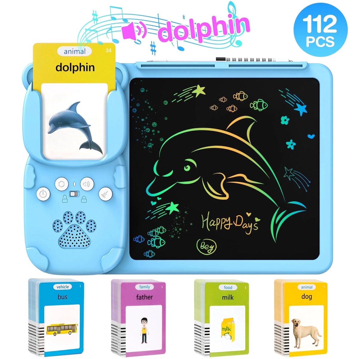 Educational toy with drawing pad and flashcards featuring a dolphin design and educational content.