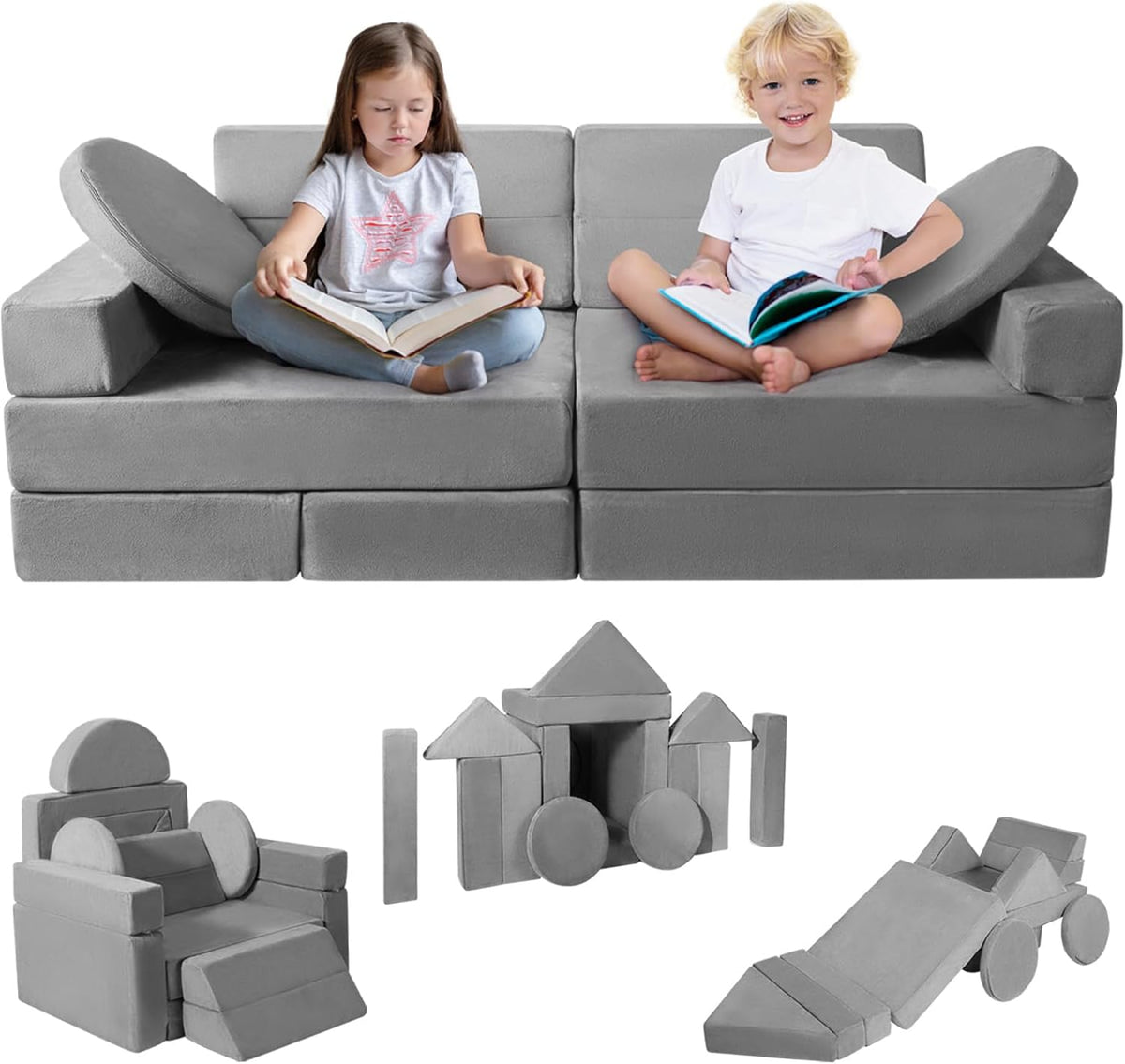 Kids Play Couch 15PCS, Modular Foam Sofa, Convertible Kids Play Set