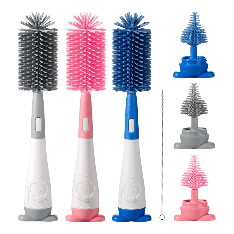 3 in 1 Penguin Silicone Baby Bottle Brush Set Stand Hidden Type with Nipple & Straw Brush for Bottles Cups Vacuum Flask
