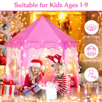 Pink Hexagonal Princess Castle Play Tent with LED Star Lights, Large Fabric Playhouse for Girls, Indoor & Outdoor Kids Play Tent