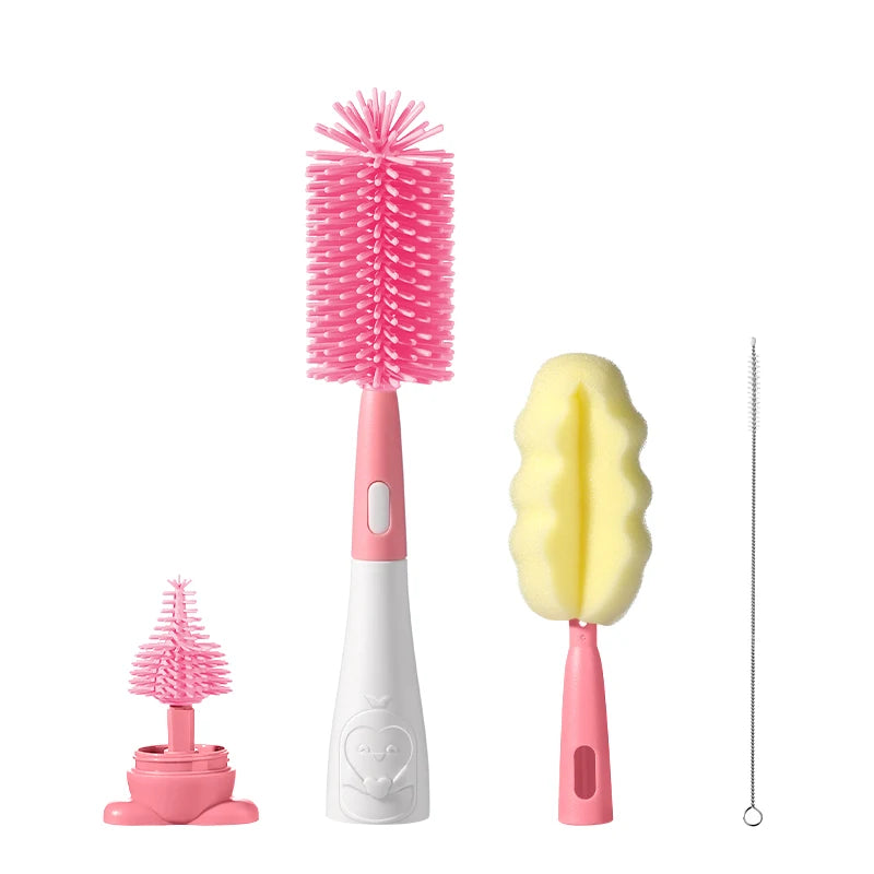 3 in 1 Penguin Silicone Baby Bottle Brush Set Stand Hidden Type with Nipple & Straw Brush for Bottles Cups Vacuum Flask