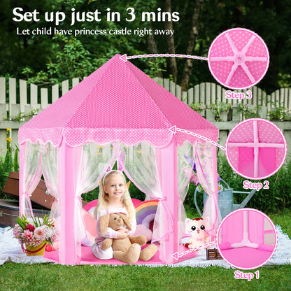 Pink Hexagonal Princess Castle Play Tent with LED Star Lights, Large Fabric Playhouse for Girls, Indoor & Outdoor Kids Play Tent