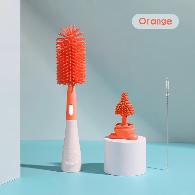 3 in 1 Penguin Silicone Baby Bottle Brush Set Stand Hidden Type with Nipple & Straw Brush for Bottles Cups Vacuum Flask