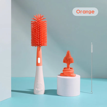3 in 1 Penguin Silicone Baby Bottle Brush Set Stand Hidden Type with Nipple & Straw Brush for Bottles Cups Vacuum Flask