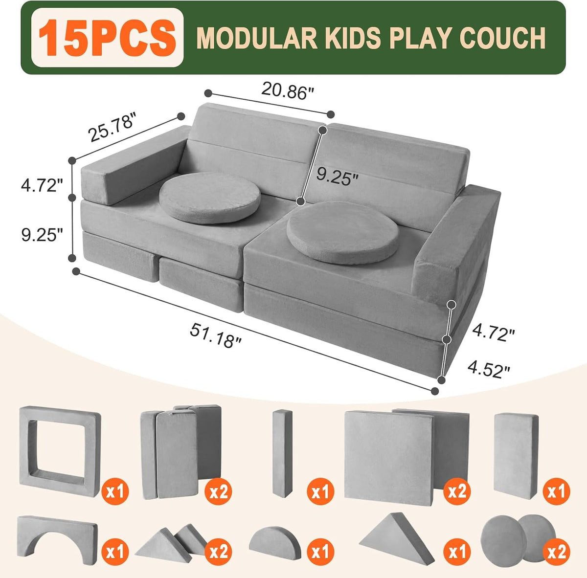 Kids Play Couch 15PCS, Modular Foam Sofa, Convertible Kids Play Set
