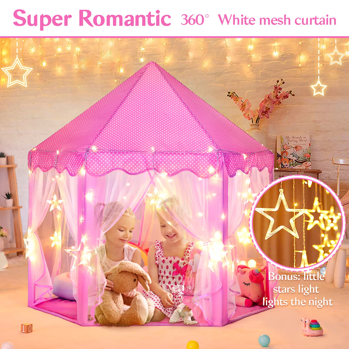 Pink Hexagonal Princess Castle Play Tent with LED Star Lights, Large Fabric Playhouse for Girls, Indoor & Outdoor Kids Play Tent