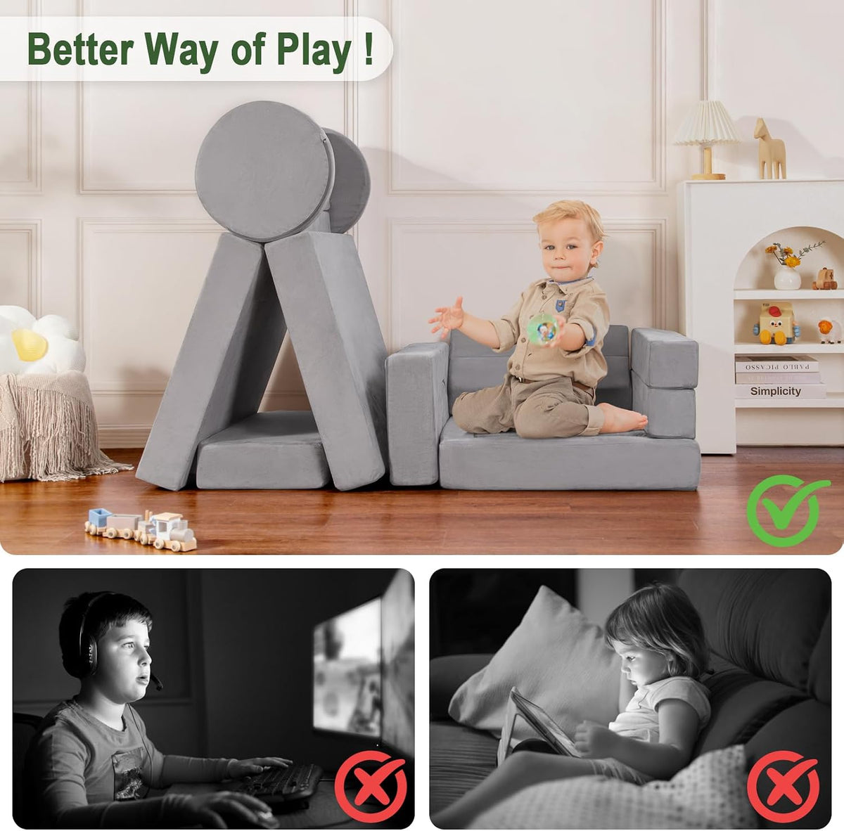 Kids Play Couch 15PCS, Modular Foam Sofa, Convertible Kids Play Set