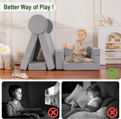 Kids Play Couch 15PCS, Modular Foam Sofa, Convertible Kids Play Set