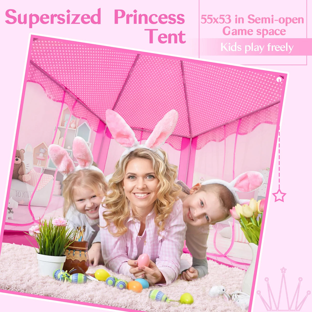 Pink Hexagonal Princess Castle Play Tent with LED Star Lights, Large Fabric Playhouse for Girls, Indoor & Outdoor Kids Play Tent